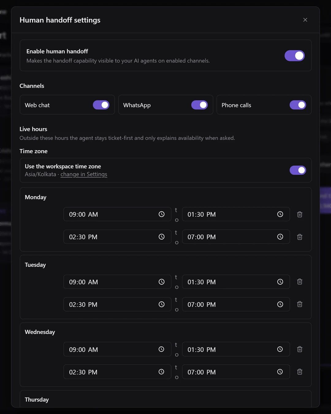 Human handoff settings: Enable human handoff, the three channel switches, and live hours using the workspace time zone with two windows a day