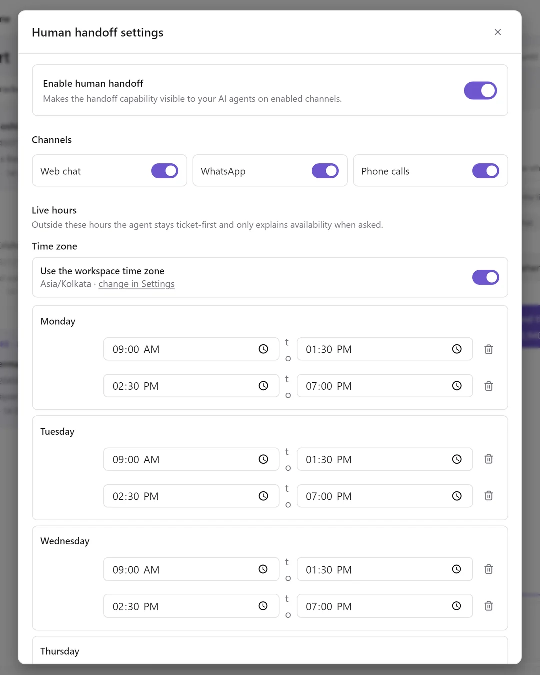 Human handoff settings: Enable human handoff, the three channel switches, and live hours using the workspace time zone with two windows a day