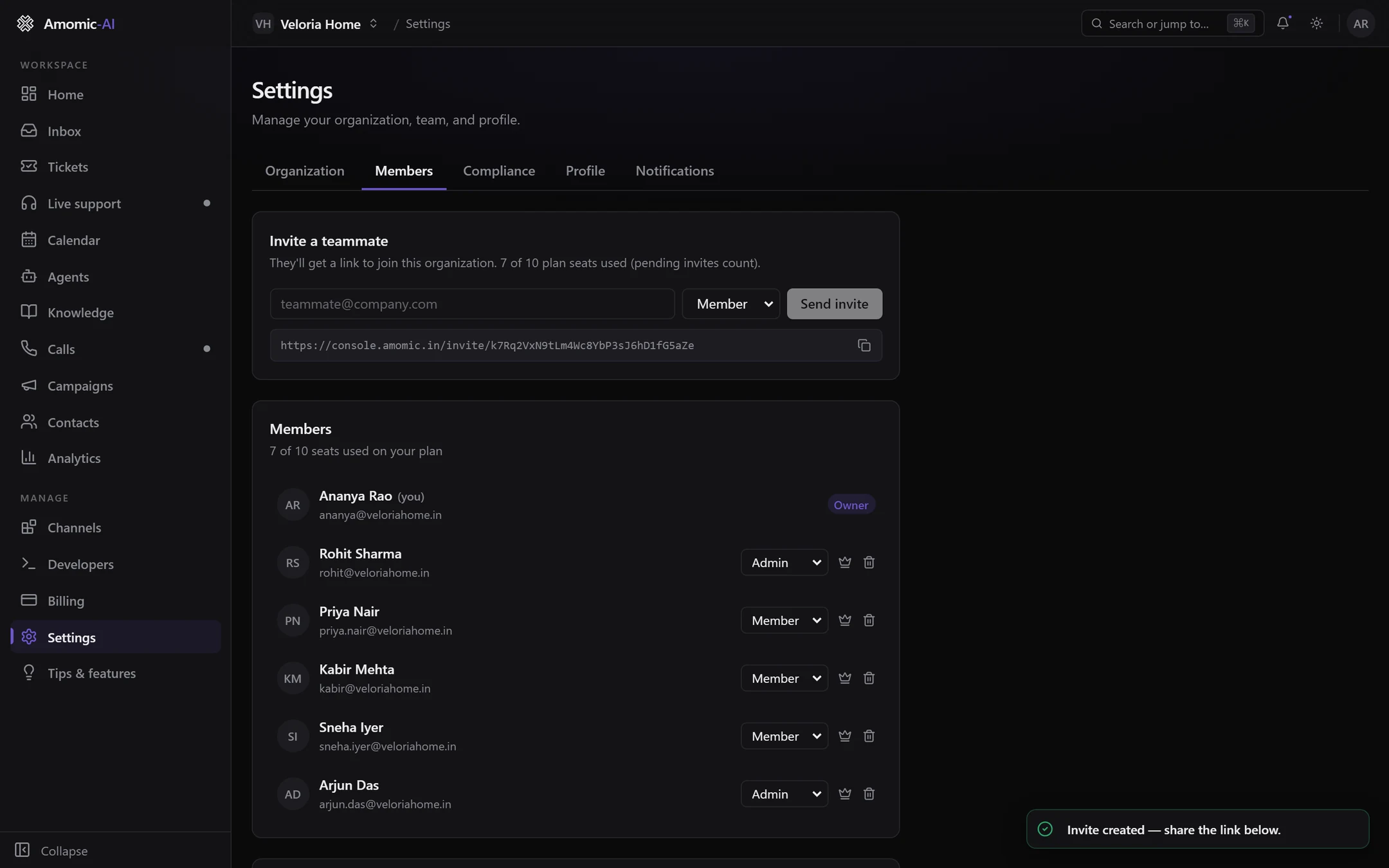 Members tab right after sending an invite: the invite link with a copy button, the toast Invite created — share the link below, and the members list with role selects