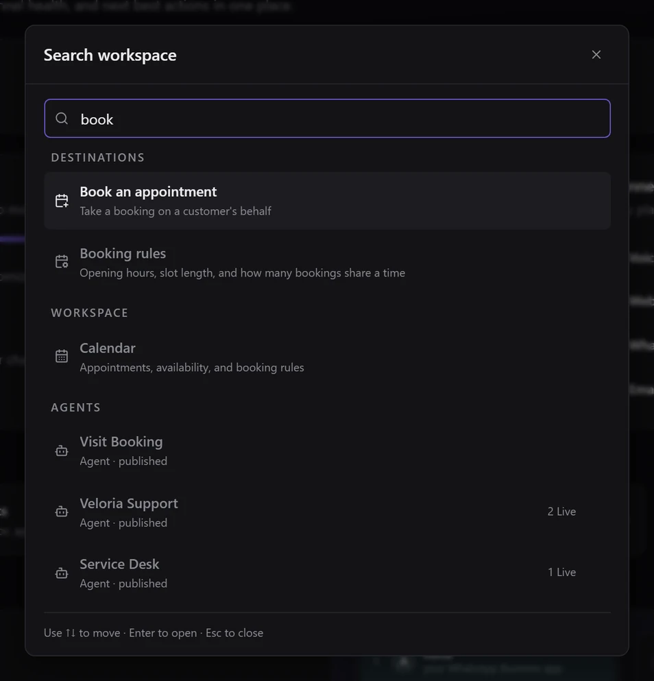 The Search workspace box with book typed: Book an appointment and Booking rules under Destinations, the Calendar page, and three agents