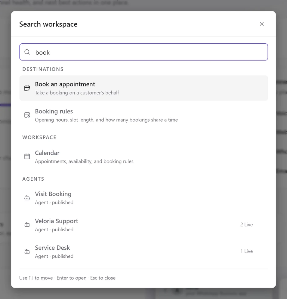 The Search workspace box with book typed: Book an appointment and Booking rules under Destinations, the Calendar page, and three agents