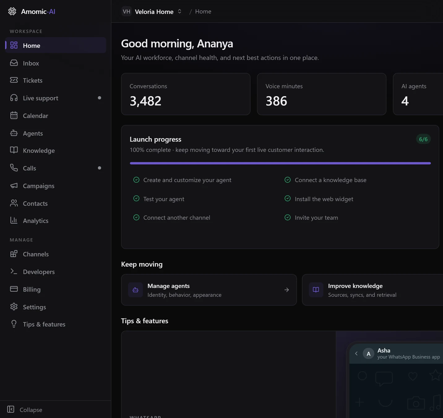 The console with the sidebar's Workspace section (Home, Inbox, Tickets, Live support, Calendar, Agents, Knowledge, Calls, Campaigns, Contacts, Analytics) and Manage section (Channels, Developers, Billing, Settings, Tips & features), the organization name Veloria Home at the top, and Home open