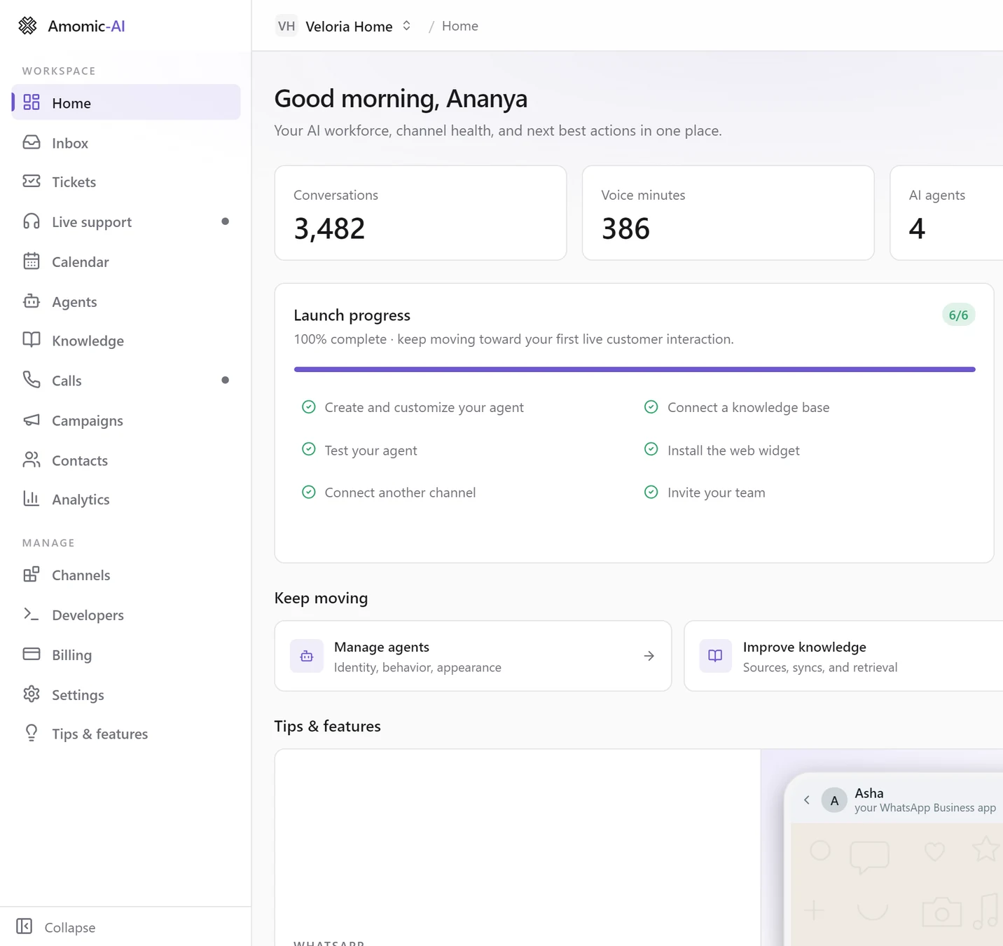 The console with the sidebar's Workspace section (Home, Inbox, Tickets, Live support, Calendar, Agents, Knowledge, Calls, Campaigns, Contacts, Analytics) and Manage section (Channels, Developers, Billing, Settings, Tips & features), the organization name Veloria Home at the top, and Home open