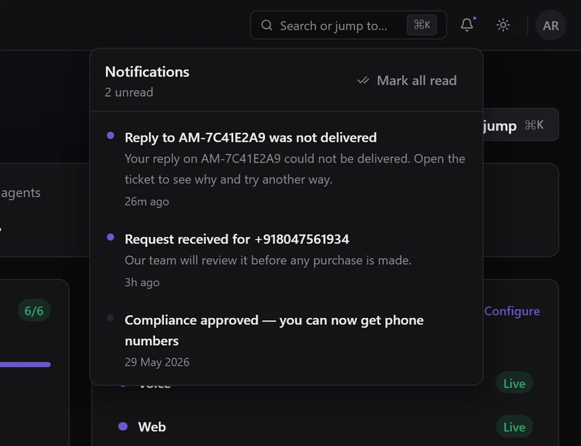 The notifications menu with 2 unread: a ticket reply that was not delivered and a phone number request received, and an older read notice that compliance was approved