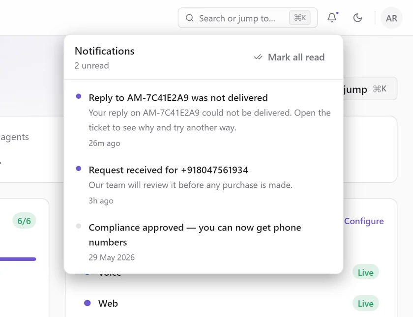 The notifications menu with 2 unread: a ticket reply that was not delivered and a phone number request received, and an older read notice that compliance was approved
