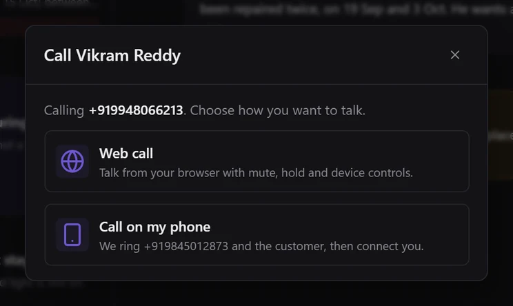 The call chooser for a ticket, offering Web call from the browser or Call on my phone