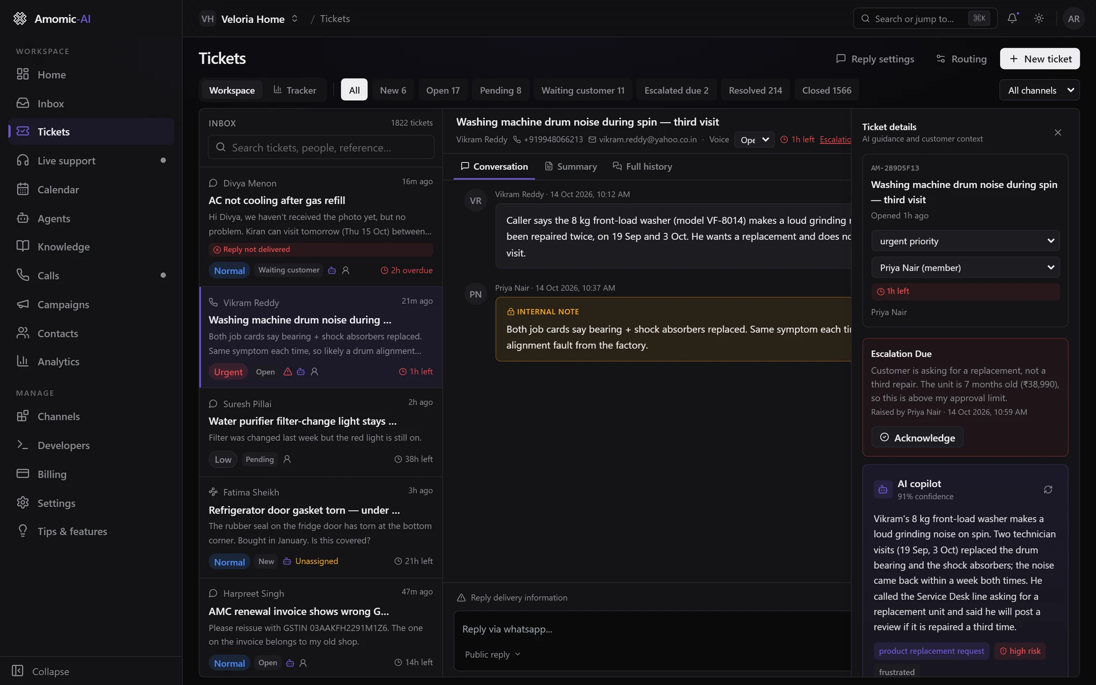A ticket with the AI & details panel open, showing the reference, priority and assignee menus, an Escalation due box with an Acknowledge button, and the AI copilot summary