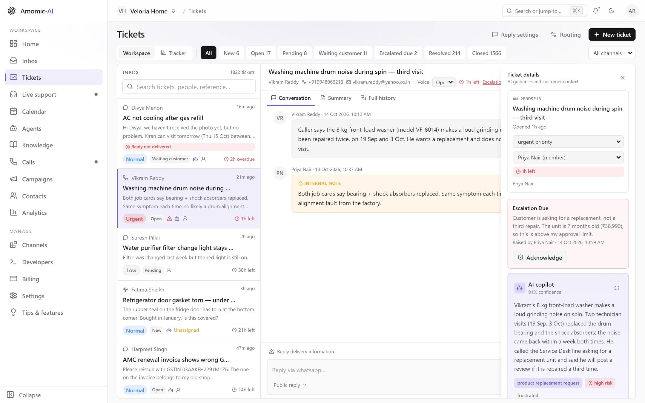 A ticket with the AI & details panel open, showing the reference, priority and assignee menus, an Escalation due box with an Acknowledge button, and the AI copilot summary