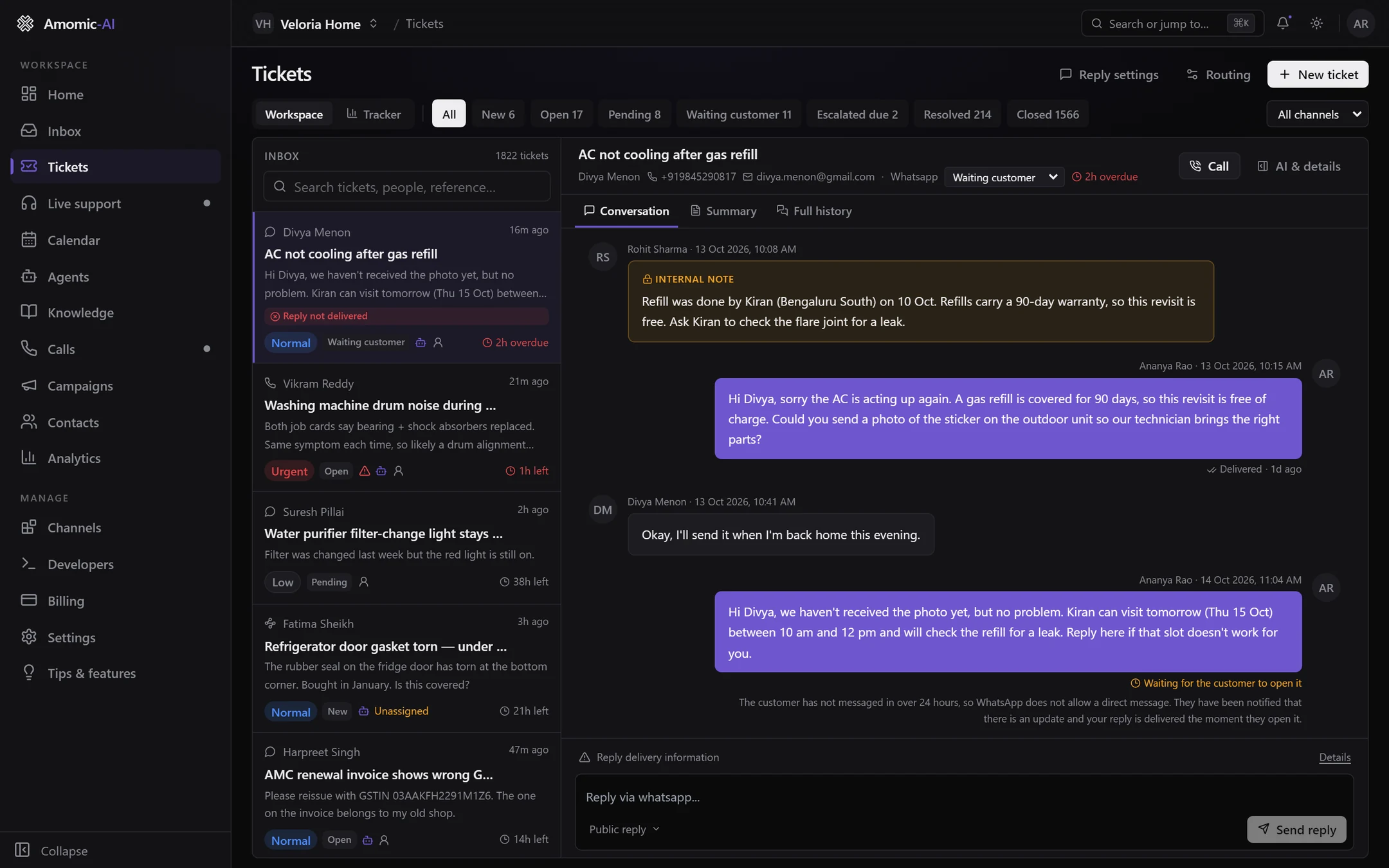 The Tickets page with queue filters across the top, the ticket list on the left and a WhatsApp ticket open on the right, showing an internal note, a delivered reply and a reply waiting for the customer to open it