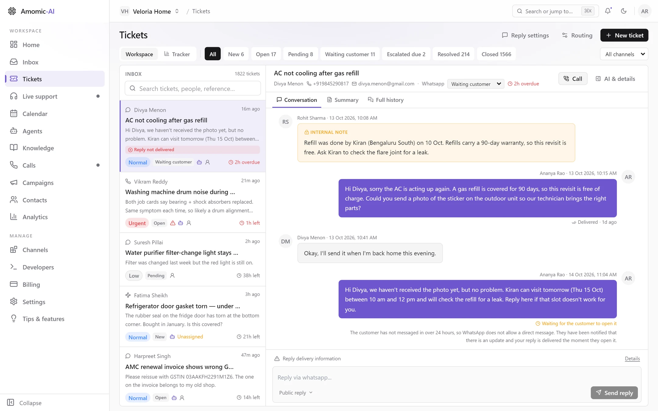 The Tickets page with queue filters across the top, the ticket list on the left and a WhatsApp ticket open on the right, showing an internal note, a delivered reply and a reply waiting for the customer to open it