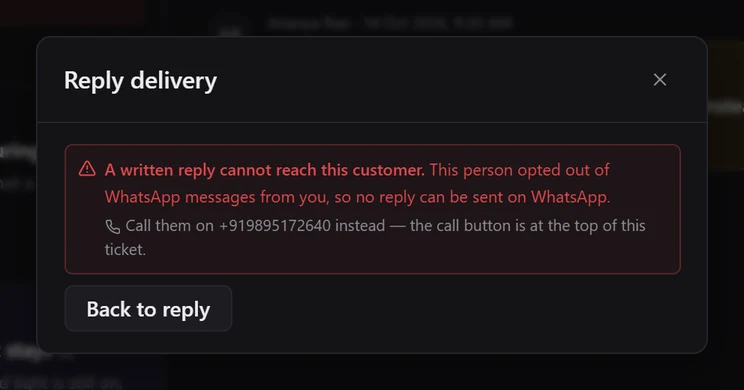 The Reply delivery dialog saying a written reply cannot reach this customer because they opted out of WhatsApp messages, and suggesting a call on their number instead