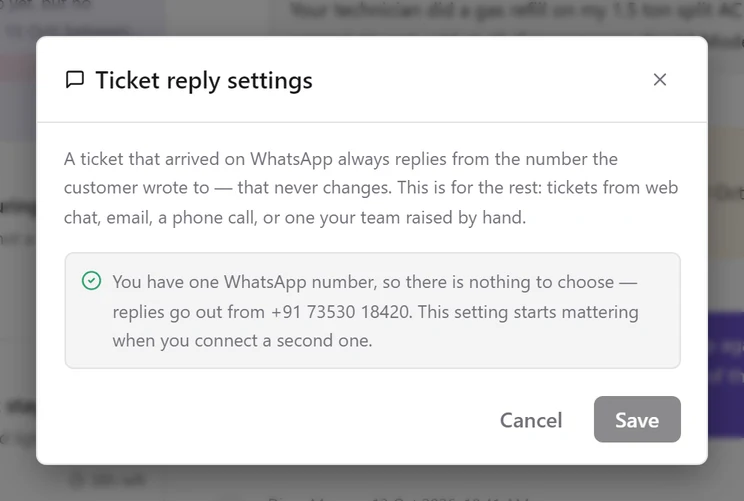 Ticket reply settings on a workspace with one WhatsApp number, saying there is nothing to choose