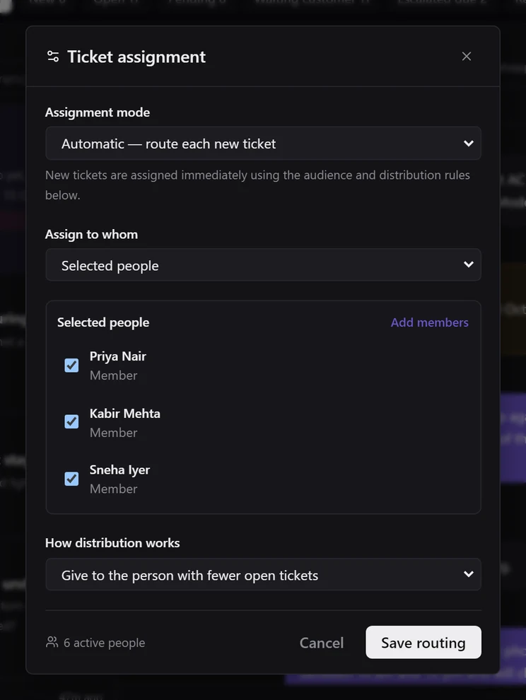 The Ticket assignment dialog set to Automatic, assigning to selected people with the fewer-open-tickets rule
