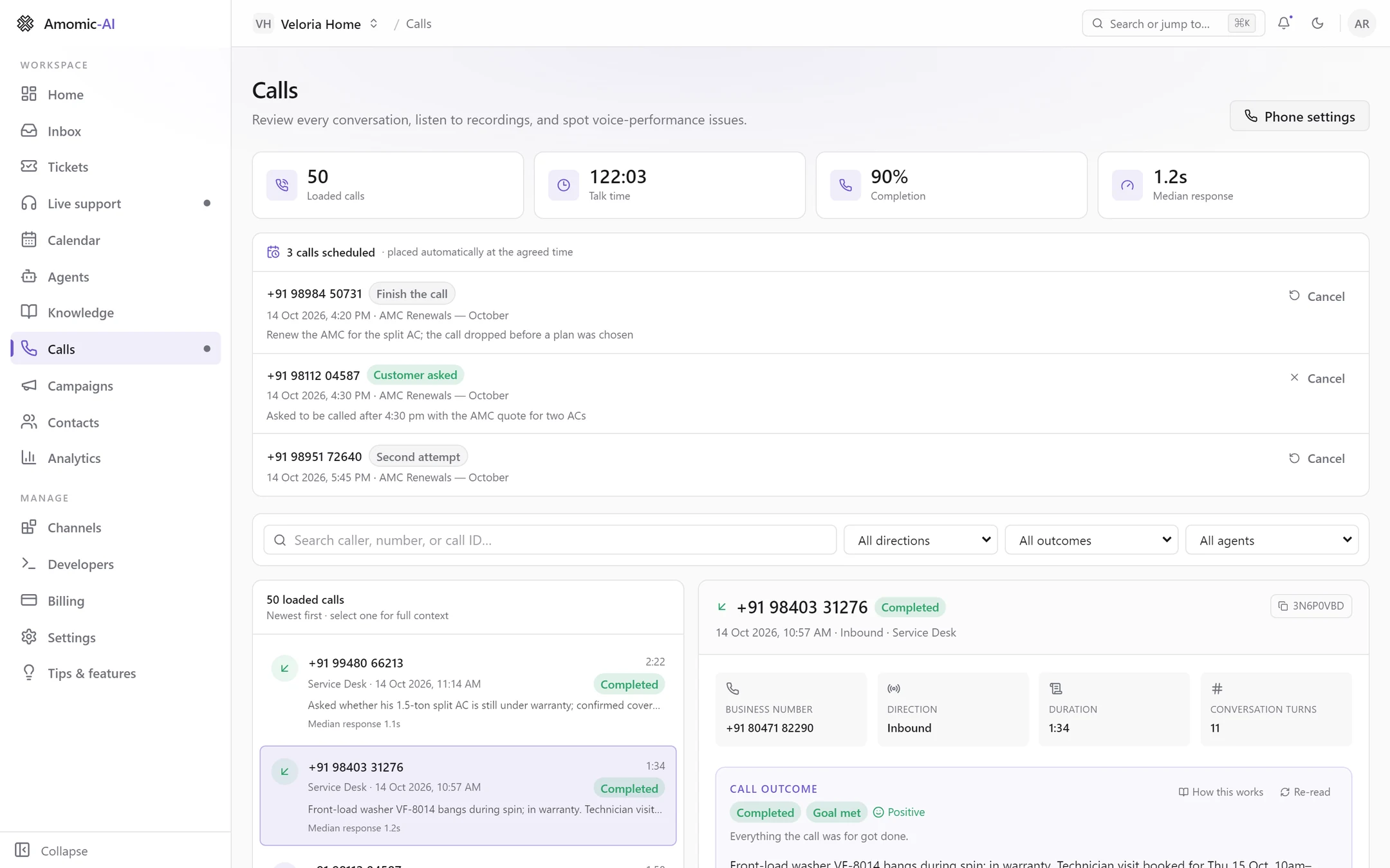 The Calls page: four tiles (50 loaded calls, 122:03 talk time, 90% completion, 1.2s median response), three scheduled call-backs, the search and filters, the call list, and an inbound call open on the right