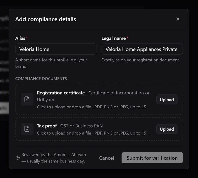 The Add compliance details dialog with Alias Veloria Home, Legal name Veloria Home Appliances Private Limited, and upload areas for the registration certificate and tax proof