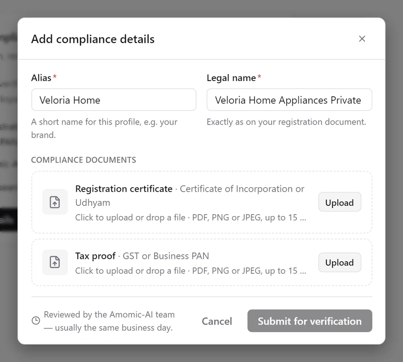 The Add compliance details dialog with Alias Veloria Home, Legal name Veloria Home Appliances Private Limited, and upload areas for the registration certificate and tax proof