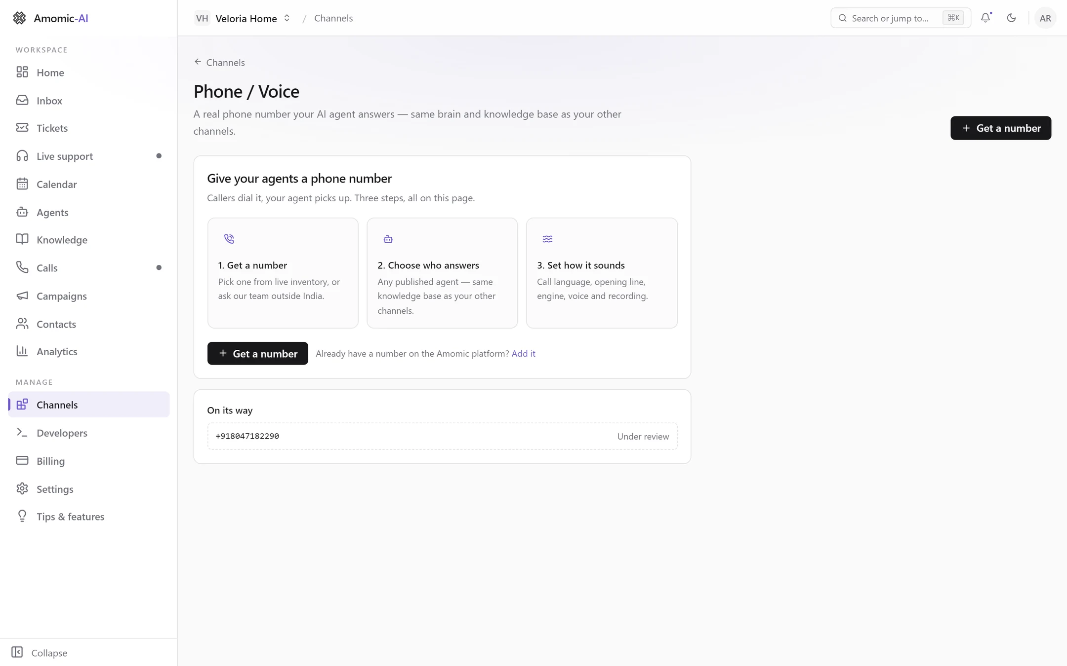 Phone / Voice with no numbers yet: the three steps Get a number, Choose who answers and Set how it sounds, and an On its way card with one number under review