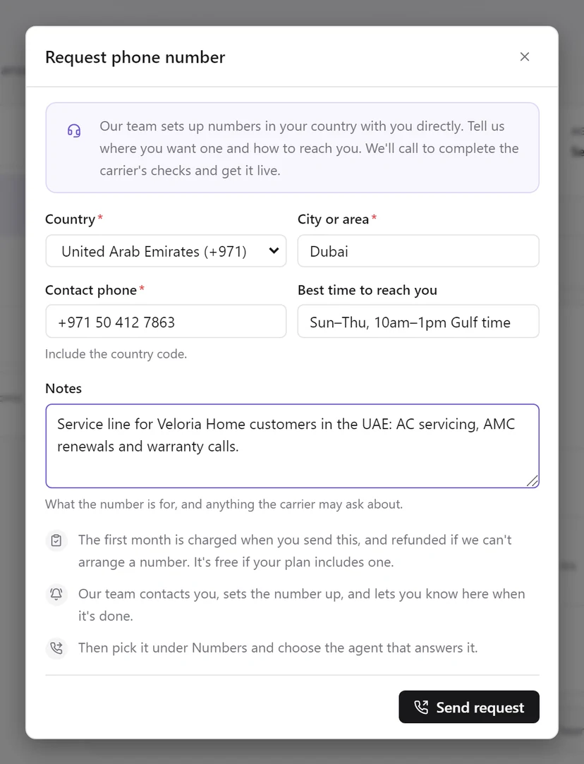 The Request phone number dialog for a workspace outside India: Country United Arab Emirates, City or area Dubai, a contact phone, best time to reach you and notes, with Send request