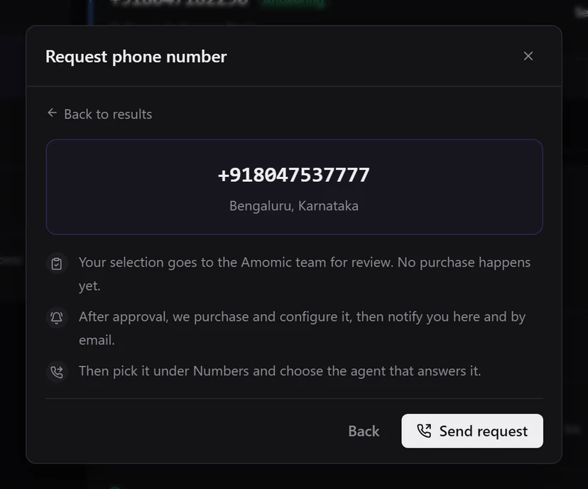 The confirm step showing +918047537777, Bengaluru, Karnataka and three lines on what happens next, with Back and Send request buttons