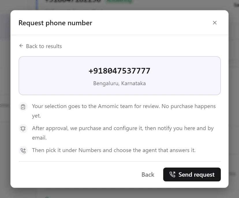 The confirm step showing +918047537777, Bengaluru, Karnataka and three lines on what happens next, with Back and Send request buttons