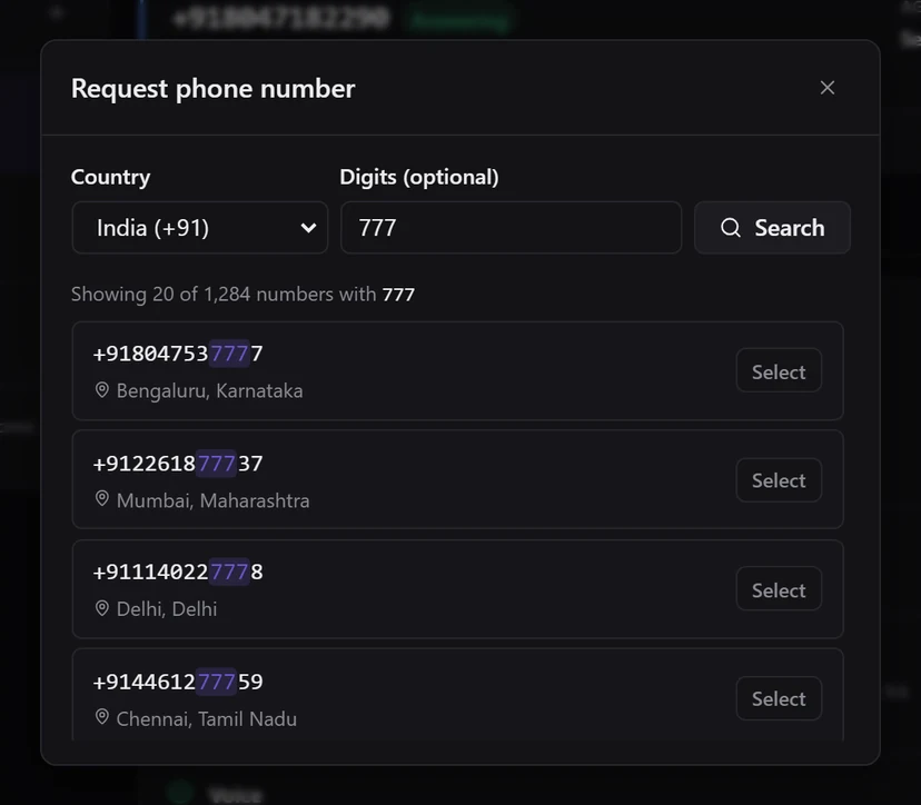 The Request phone number dialog with India selected, 777 in the digits field, and results such as +918047537777 Bengaluru, Karnataka with 777 highlighted