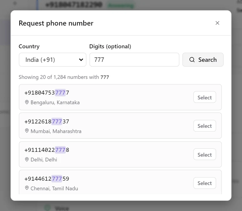 The Request phone number dialog with India selected, 777 in the digits field, and results such as +918047537777 Bengaluru, Karnataka with 777 highlighted