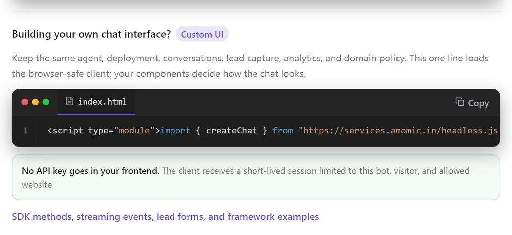 The Install step's Building your own chat interface? section with a Custom UI badge, the one-line headless.js snippet, and the note No API key goes in your frontend