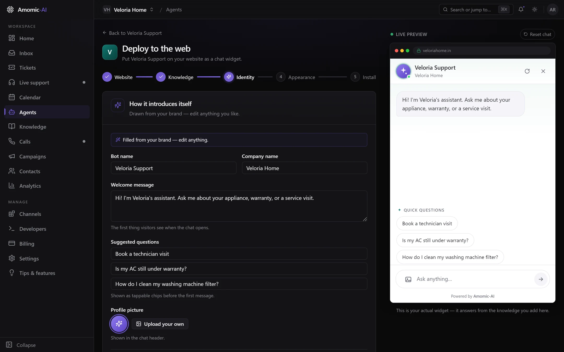 The Identity step with Bot name Veloria Support, Company name Veloria Home, a welcome message, three suggested questions and the default profile picture. The preview shows the same welcome and Quick questions chips.