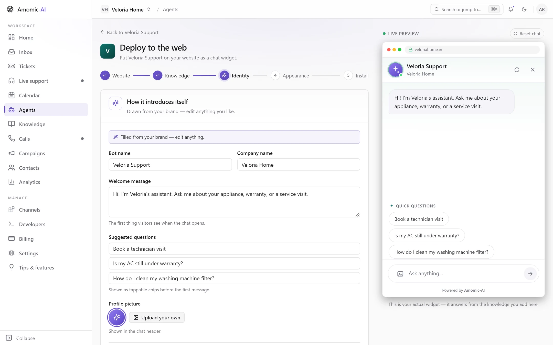 The Identity step with Bot name Veloria Support, Company name Veloria Home, a welcome message, three suggested questions and the default profile picture. The preview shows the same welcome and Quick questions chips.