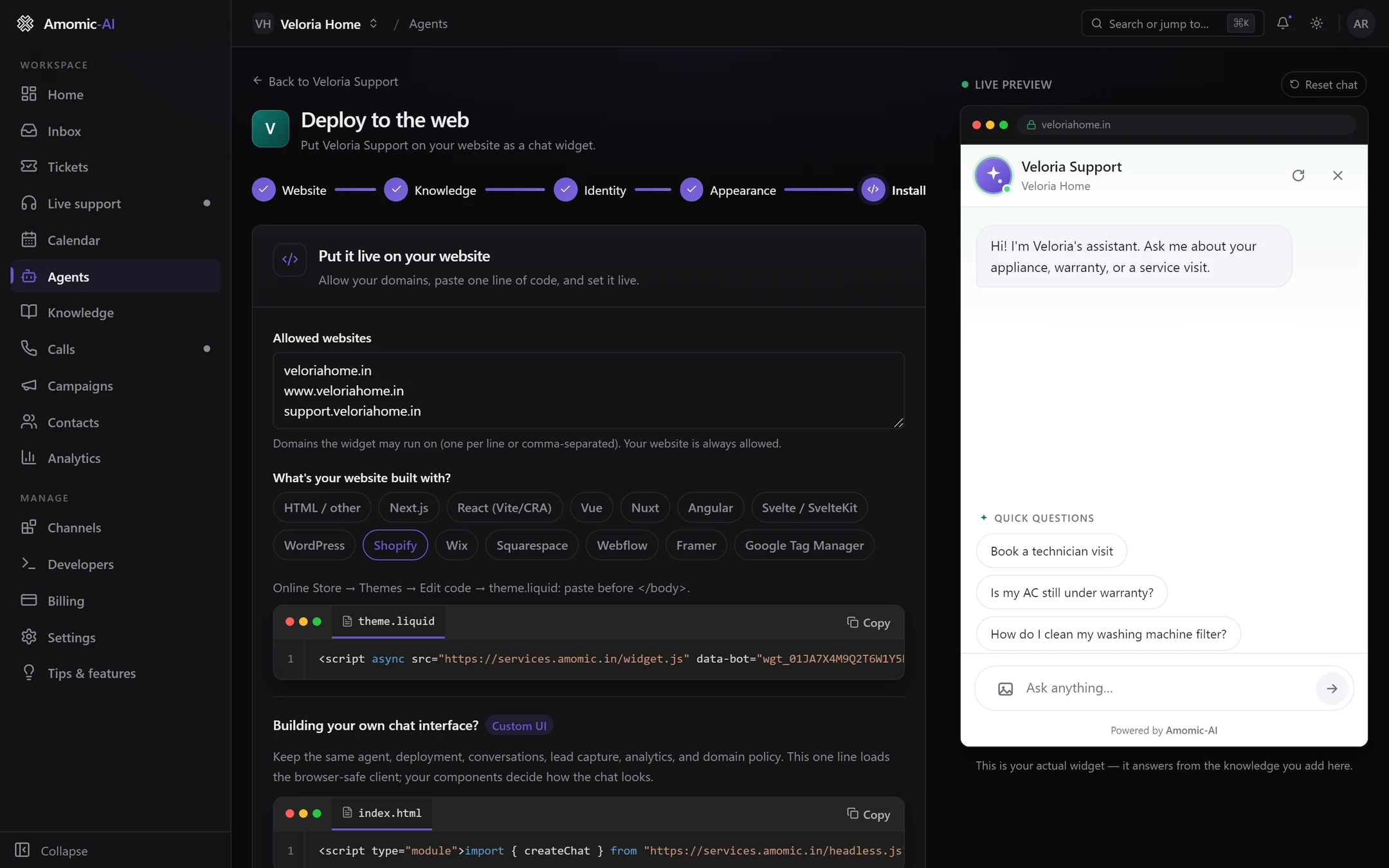 The Install step of Deploy to the web: Allowed websites lists three domains, Shopify is selected, the snippet is shown, and the live widget preview is on the right