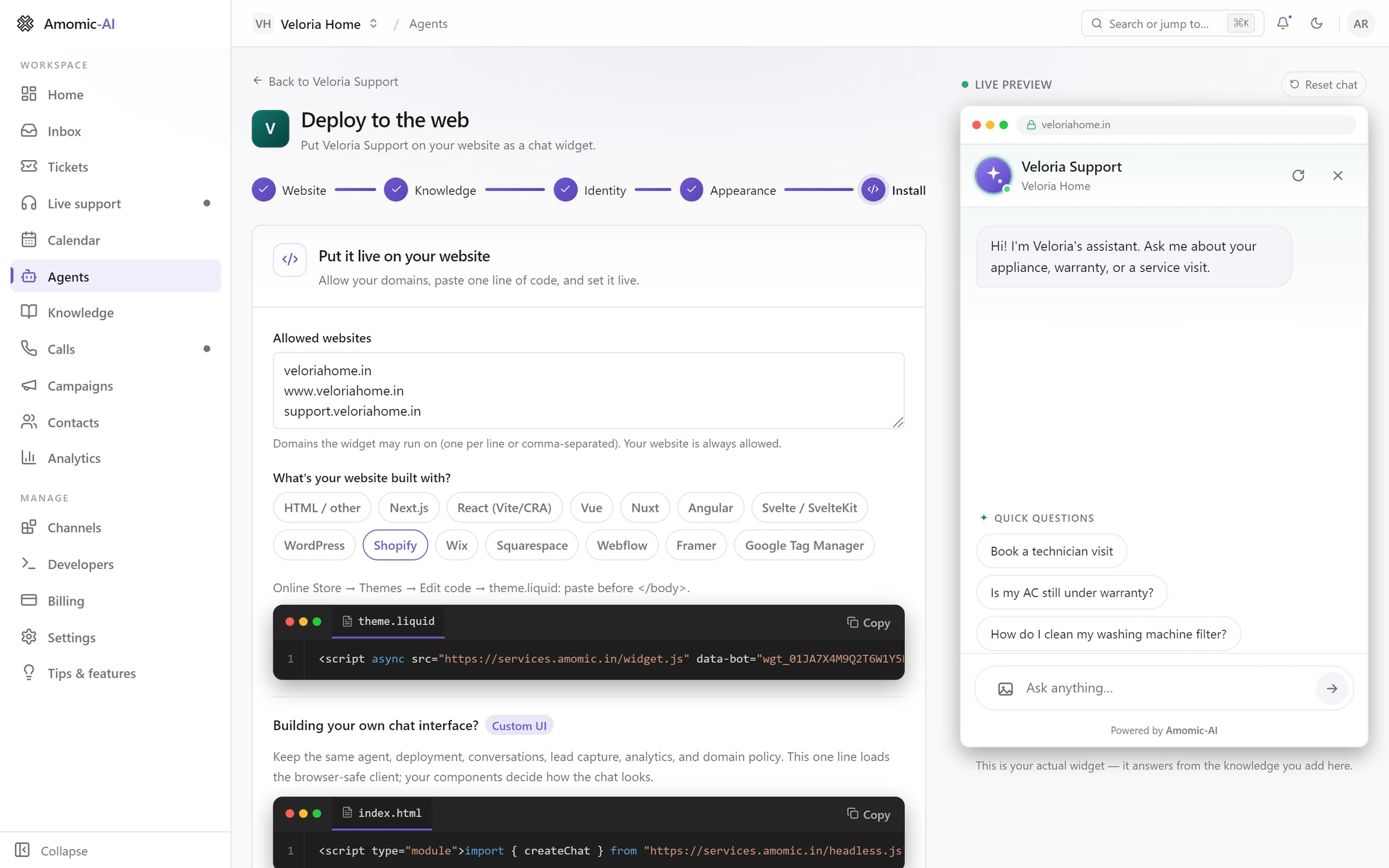 The Install step of Deploy to the web: Allowed websites lists three domains, Shopify is selected, the snippet is shown, and the live widget preview is on the right