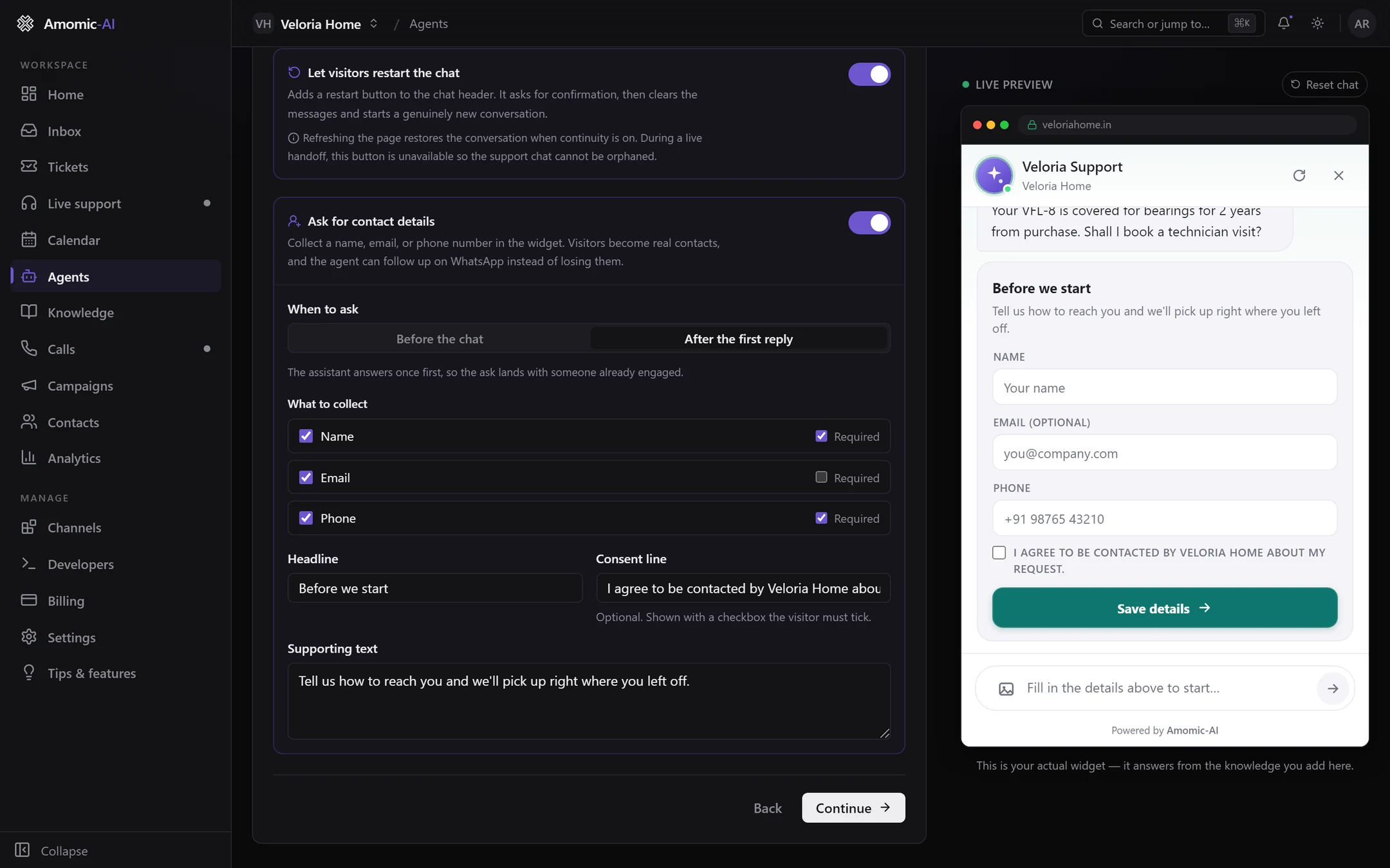 Ask for contact details switched on: When to ask After the first reply, Name and Phone required, Email optional, Headline Before we start, a consent line and supporting text. The preview shows the form under the agent's first answer.