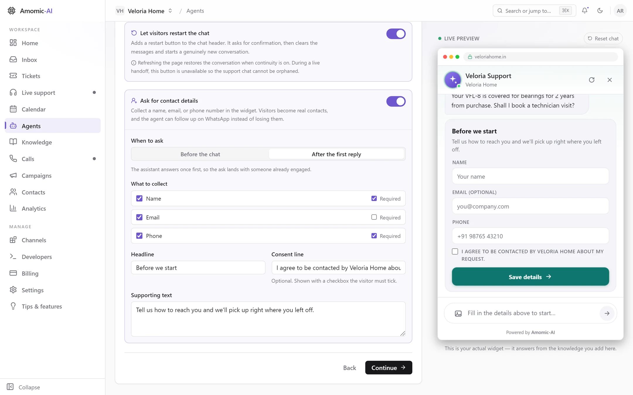 Ask for contact details switched on: When to ask After the first reply, Name and Phone required, Email optional, Headline Before we start, a consent line and supporting text. The preview shows the form under the agent's first answer.