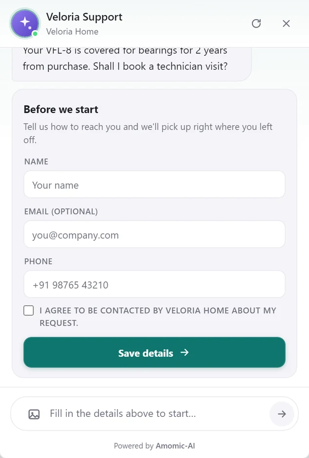 The lead form inside the widget under the agent's answer: headline Before we start, Name, Email (optional) and Phone fields, a consent checkbox and a Save details button. The composer reads Fill in the details above to start…