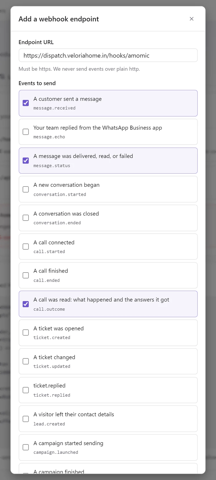 The Add a webhook endpoint dialog with an https URL and three events ticked: a customer sent a message, a message was delivered, read or failed, and a call was read