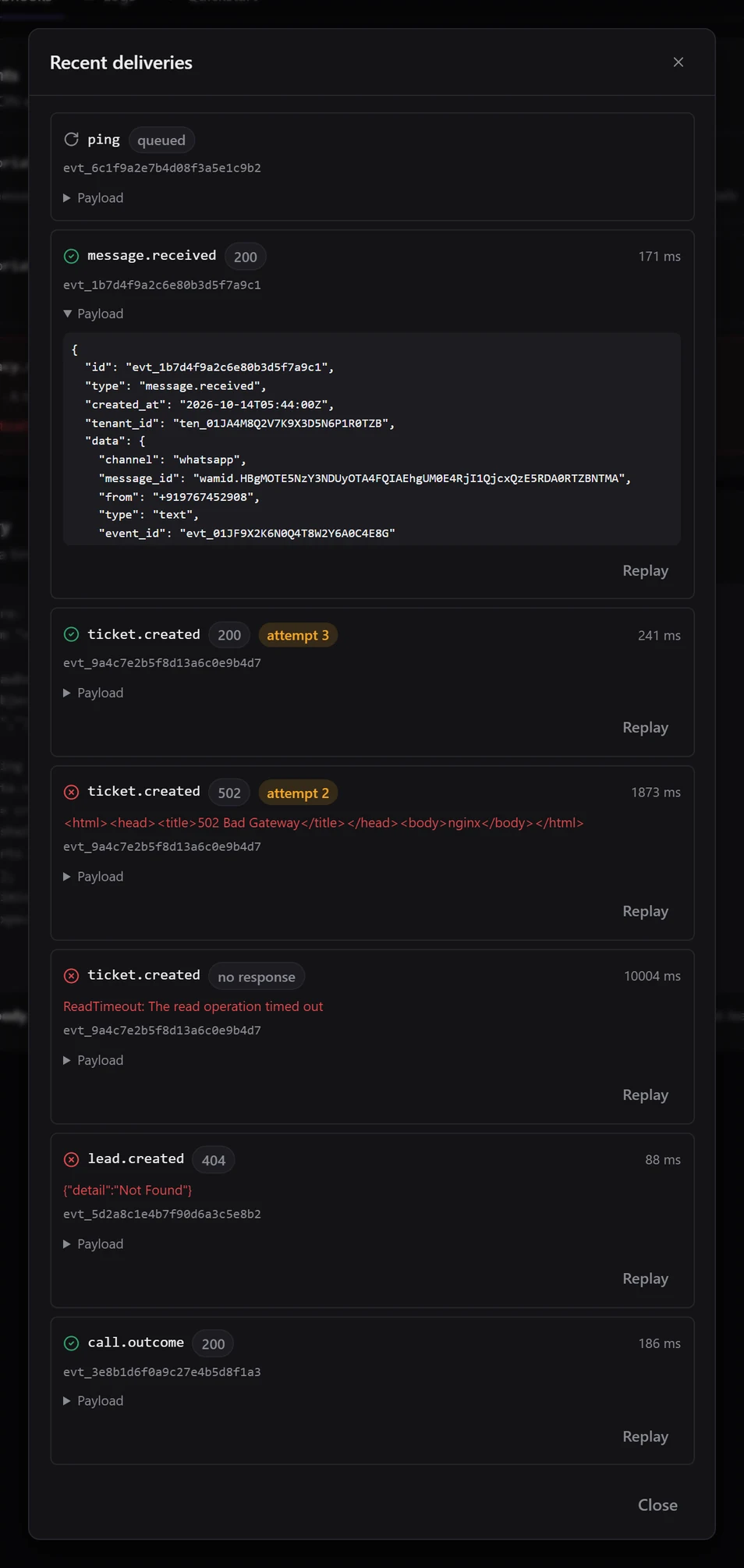 Recent deliveries: a queued ping, a message.received delivered with 200 and its payload expanded, one ticket.created event tried three times — no response, then 502, then 200 on attempt 3 — a lead.created refused with 404, and a call.outcome delivered with 200