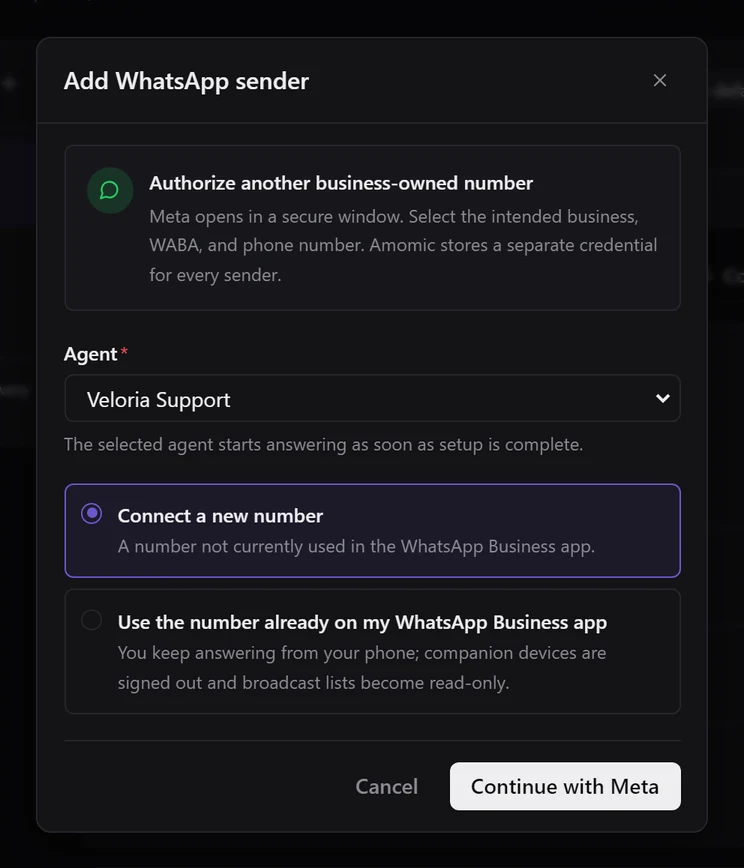 The Add WhatsApp sender dialog with the Agent select set to Veloria Support and the two choices Connect a new number and Use the number already on my WhatsApp Business app