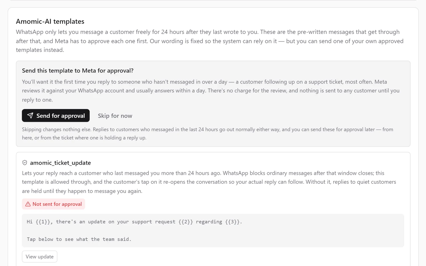 The Amomic-AI templates card asking Send this template to Meta for approval? with Send for approval and Skip for now, and amomic_ticket_update marked Not sent for approval