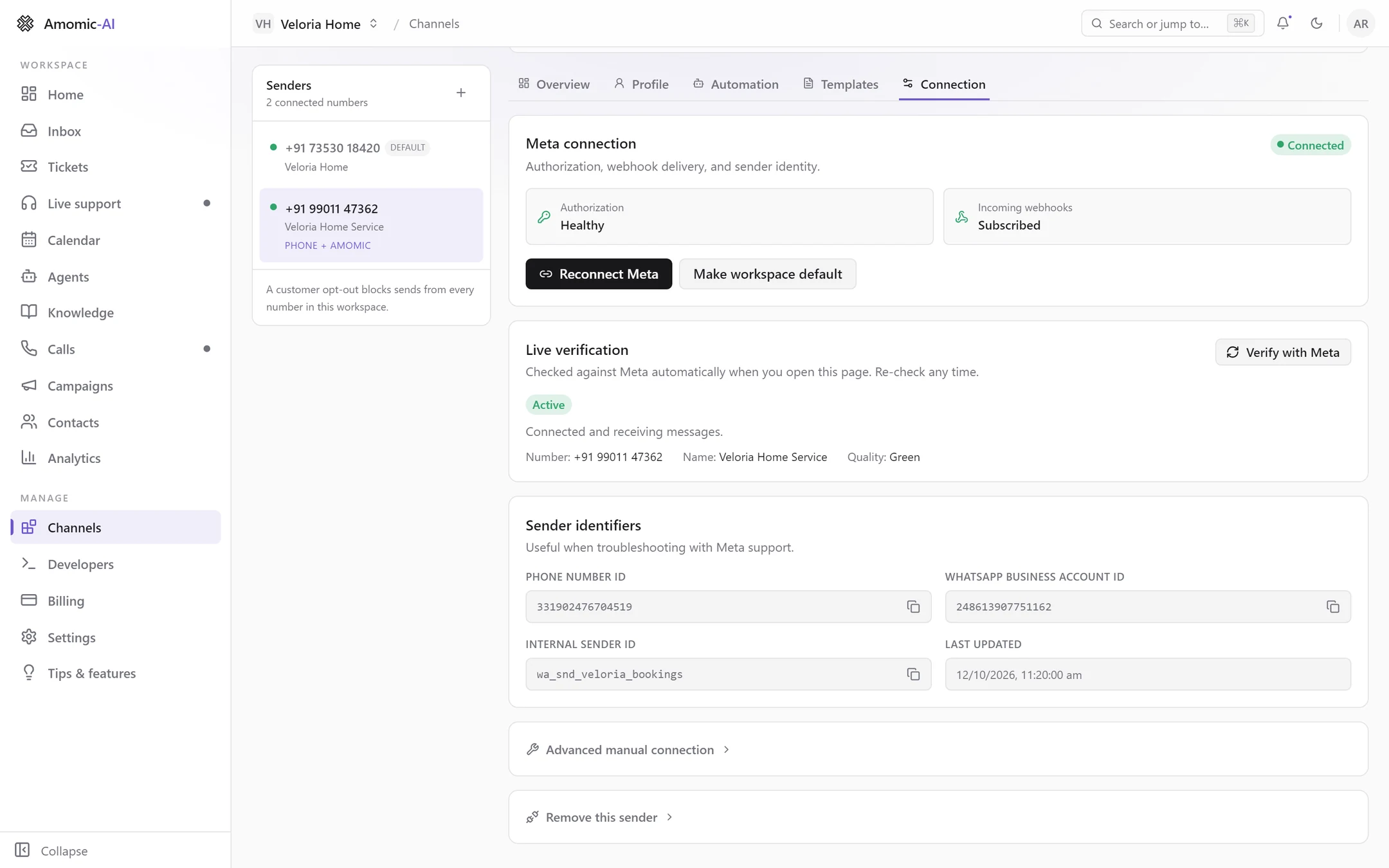The Connection tab for +91 99011 47362, showing Authorization Healthy, Incoming webhooks Subscribed, Reconnect Meta and Make workspace default buttons, Live verification Active, and Sender identifiers including the Internal sender ID