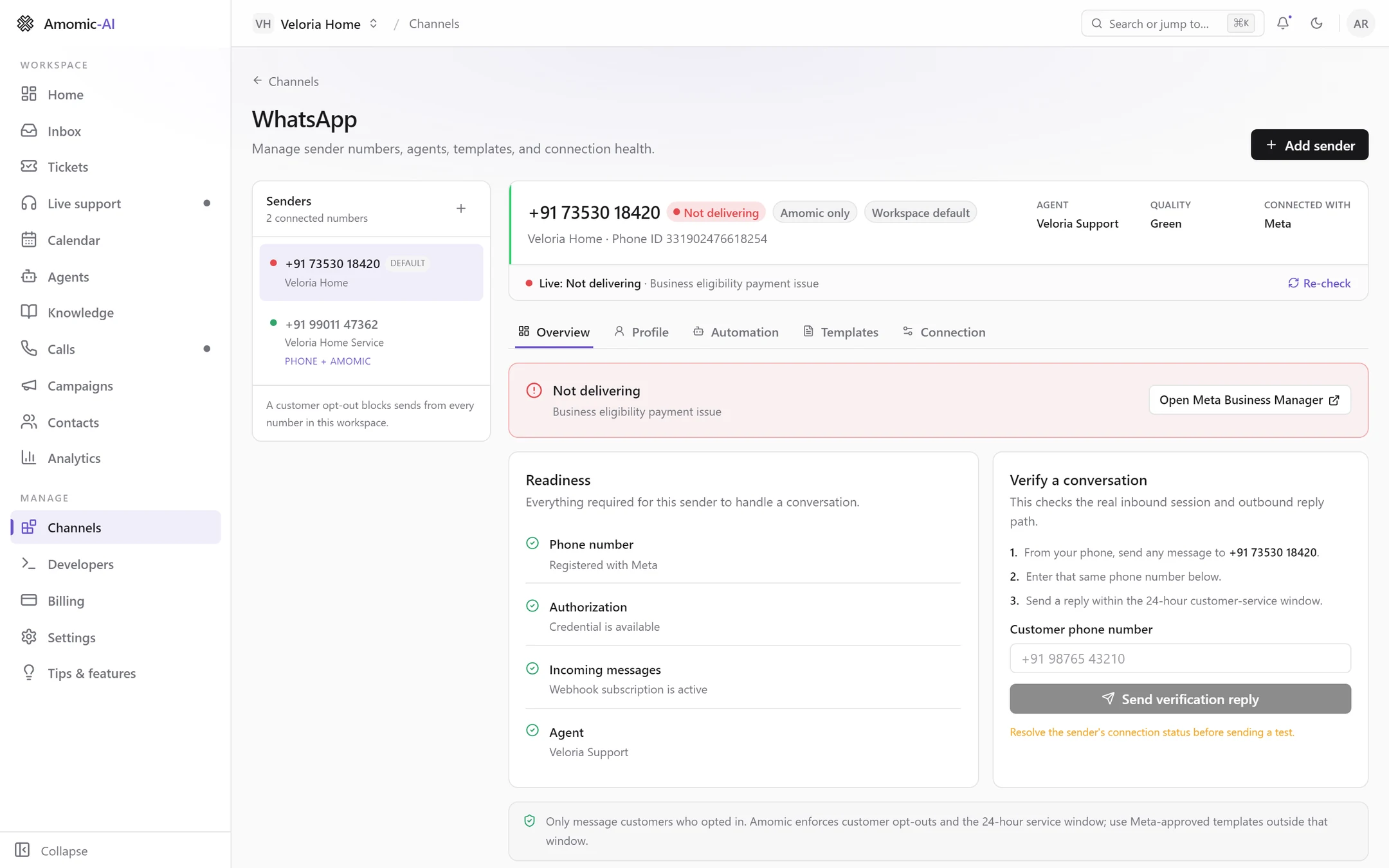 A sender marked Not delivering, with a red card reading Business eligibility payment issue and an Open Meta Business Manager button