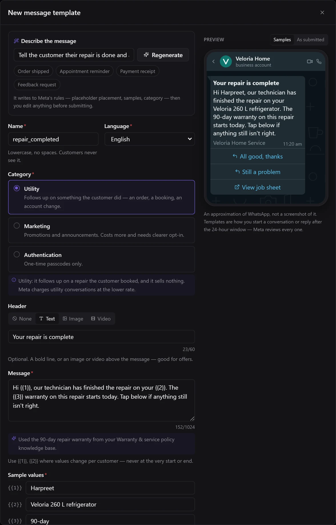 The New message template composer with a generated draft named repair_completed, Utility selected with a note explaining why, a text header, a three-variable message with sample values, and a phone preview with three buttons