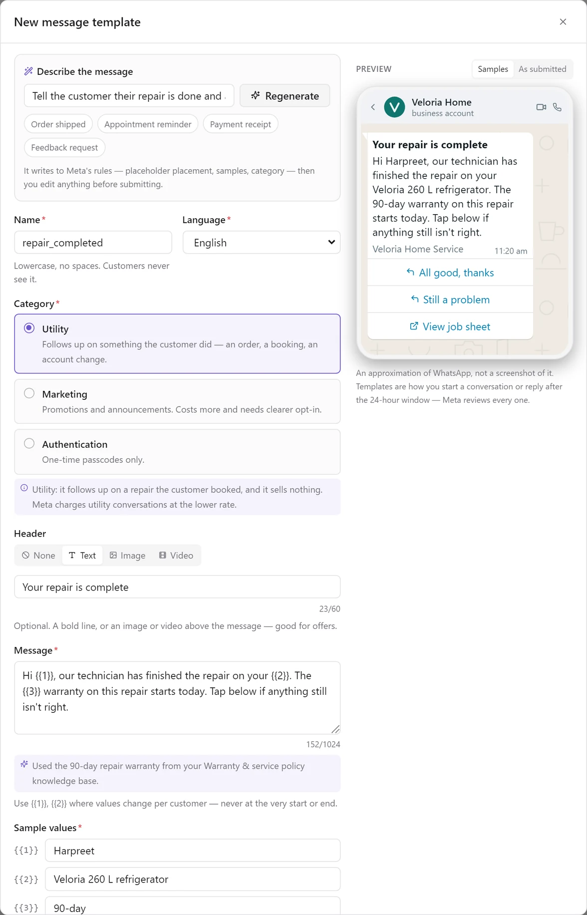 The New message template composer with a generated draft named repair_completed, Utility selected with a note explaining why, a text header, a three-variable message with sample values, and a phone preview with three buttons