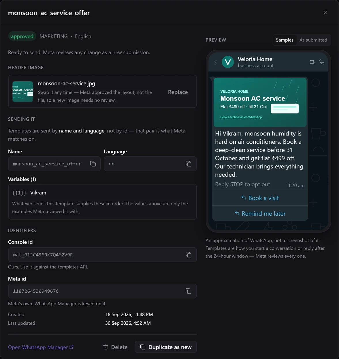The detail dialog for monsoon_ac_service_offer, approved, showing the header image monsoon-ac-service.jpg with Replace, the Sending it name and language, one variable, identifiers, and a phone preview with the Monsoon AC service banner