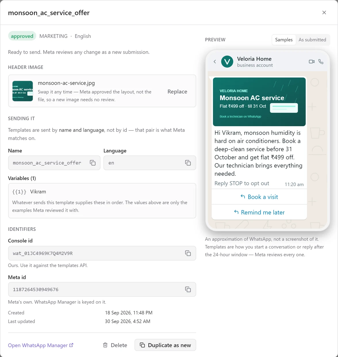 The detail dialog for monsoon_ac_service_offer, approved, showing the header image monsoon-ac-service.jpg with Replace, the Sending it name and language, one variable, identifiers, and a phone preview with the Monsoon AC service banner